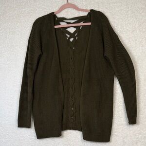 Olive Green Women's Open Front Cardigan‎ Sweater M Laced Back